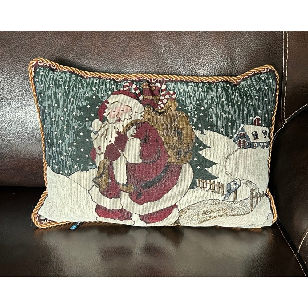 Vintage Dakotah Santa Christmas Tapestry Throw Pillow 17x12 Gold Cord Trim